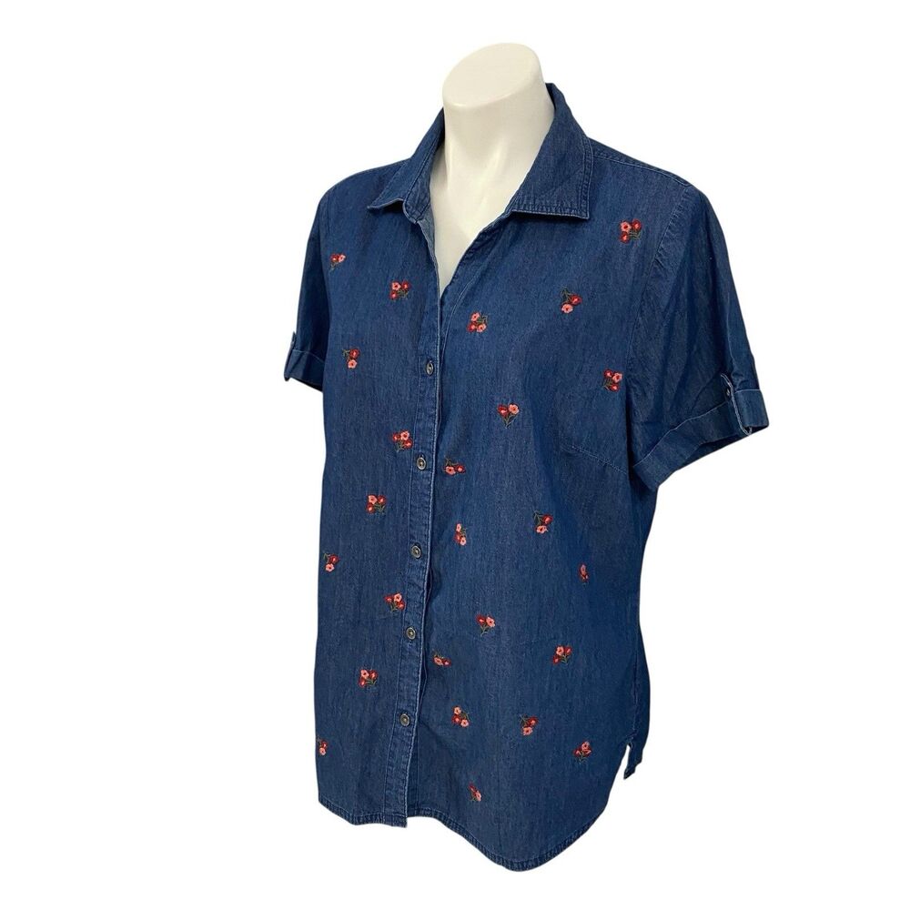 Karen Scott Shirt Womens Large Short Sleeve Top Embroidered Floral Chambray Vtg - Picture 12 of 16